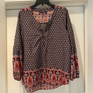 Time To Bloom‎ Women's Paisley Peasant Blouse Size Large Black Floral Tunic Top